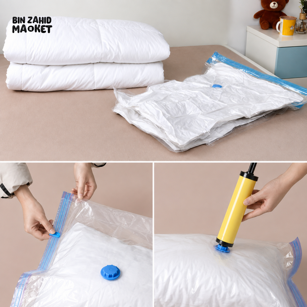 VACUUM COMPRESSION STORAGE BAGS WITH MANUAL AIR PUMP