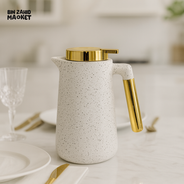 VACUUM FLASK CARAFE 1 LITRE– WHITE STONE TEXTURE GOLD ACCENTS - Jugs & Pitchers