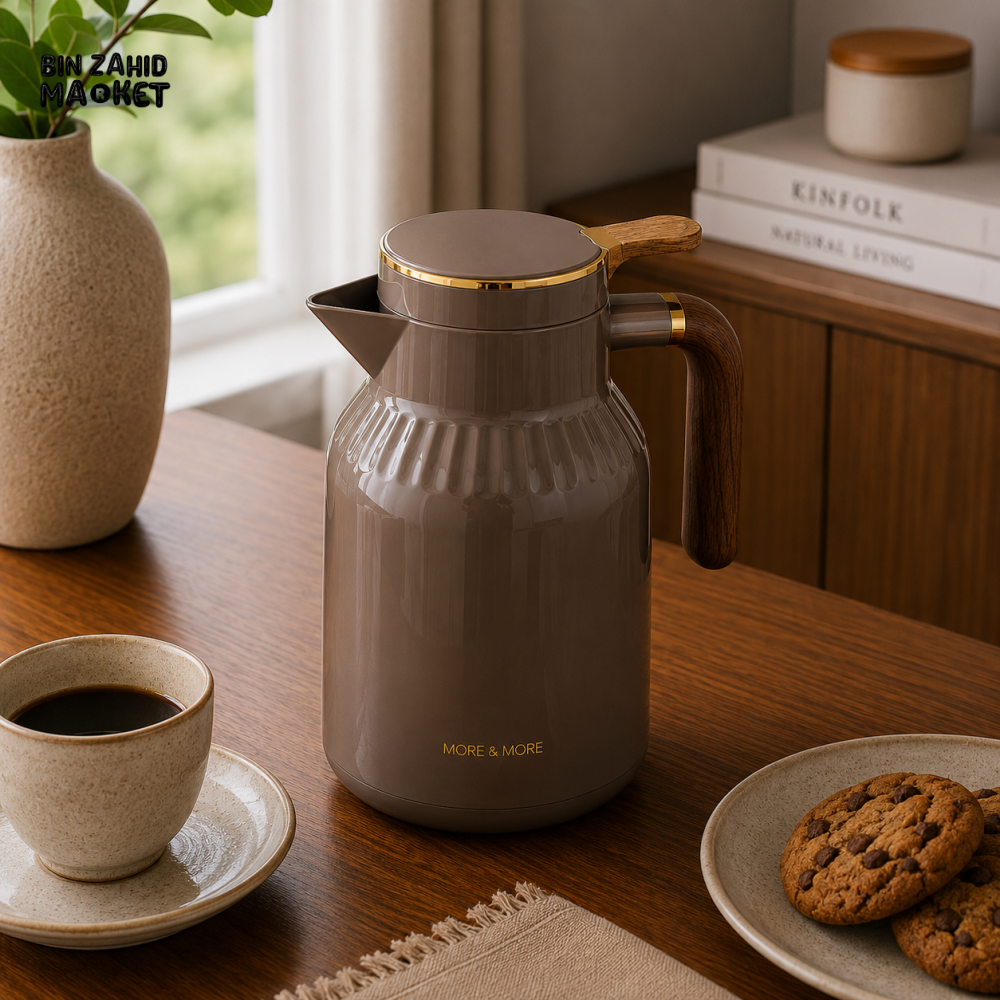 VACUUM INSULATED HOT & COLD THERMAL JUG WITH WOOD-GRAIN HANDLE 1.5 LITER 1-PIECE - LIGHT BROWN