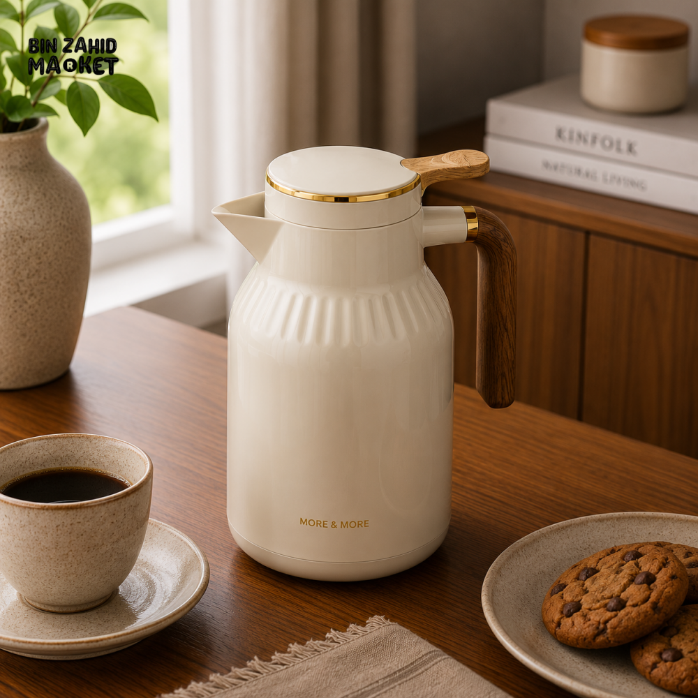 VACUUM INSULATED HOT & COLD THERMAL JUG WITH WOOD-GRAIN HANDLE 1.5 LITER 1-PIECE - WHITE