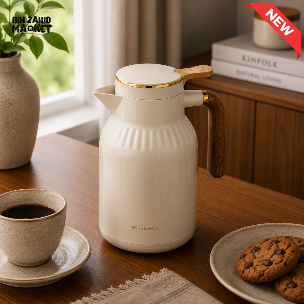 VACUUM INSULATED HOT & COLD THERMAL JUG WITH WOOD-GRAIN HANDLE 1.5 LITER 1-PIECE - WHITE