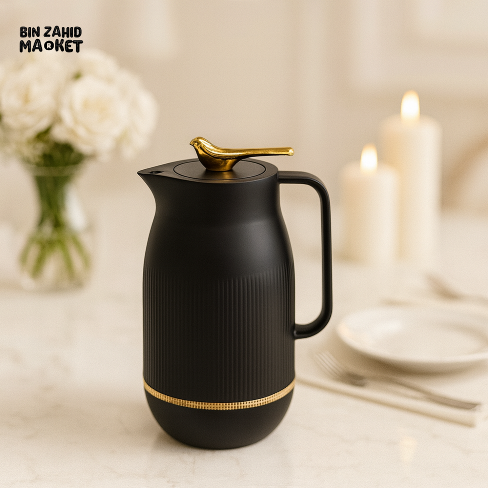 VACUUM INSULATED THERMAL KETTLE 1 LITRE – BLACK WITH GOLD BIRD HANDLE LUXURY DINING
