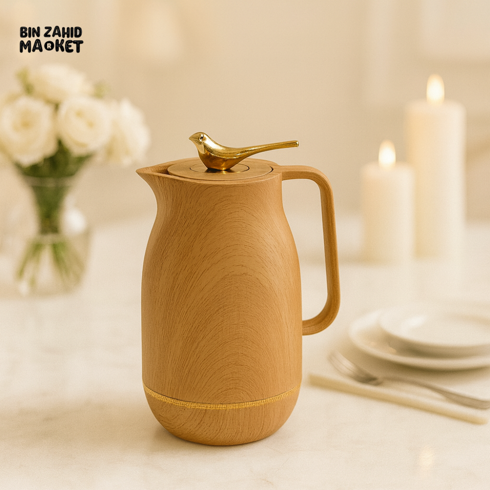 VACUUM INSULATED THERMAL KETTLE 1 LITRE – BROWN WITH GOLD BIRD HANDLE LUXURY DINING