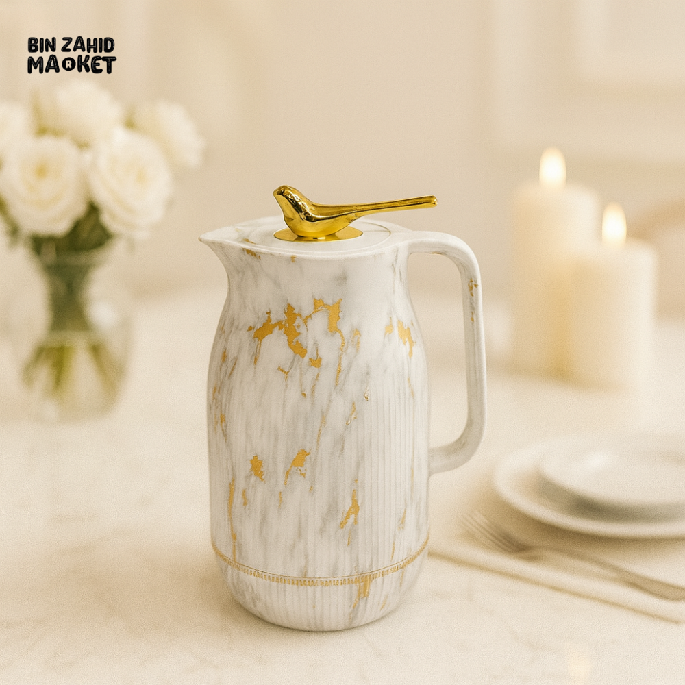 VACUUM INSULATED THERMAL KETTLE 1 LITRE – WHITE MARBLE GOLD WITH GOLD BIRD HANDLE LUXURY DINING