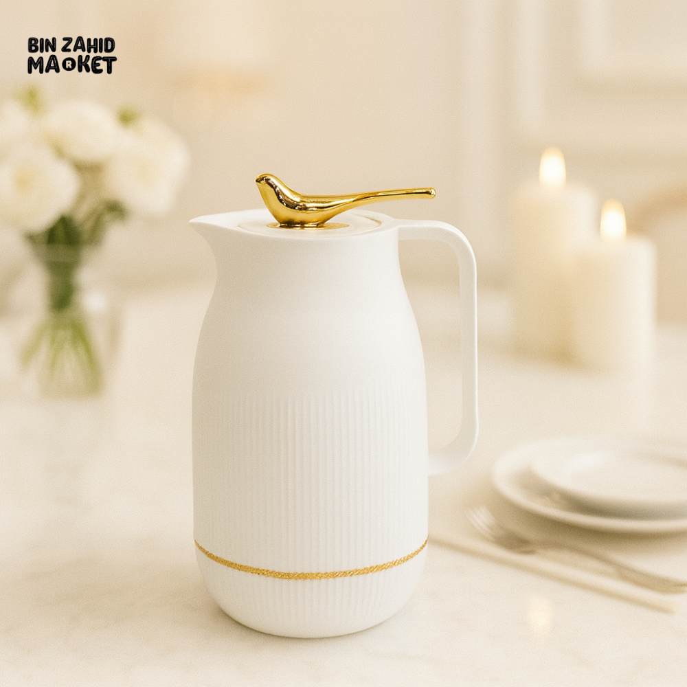 VACUUM INSULATED THERMAL KETTLE 1 LITRE – WHITE WITH GOLD BIRD HANDLE LUXURY DINING