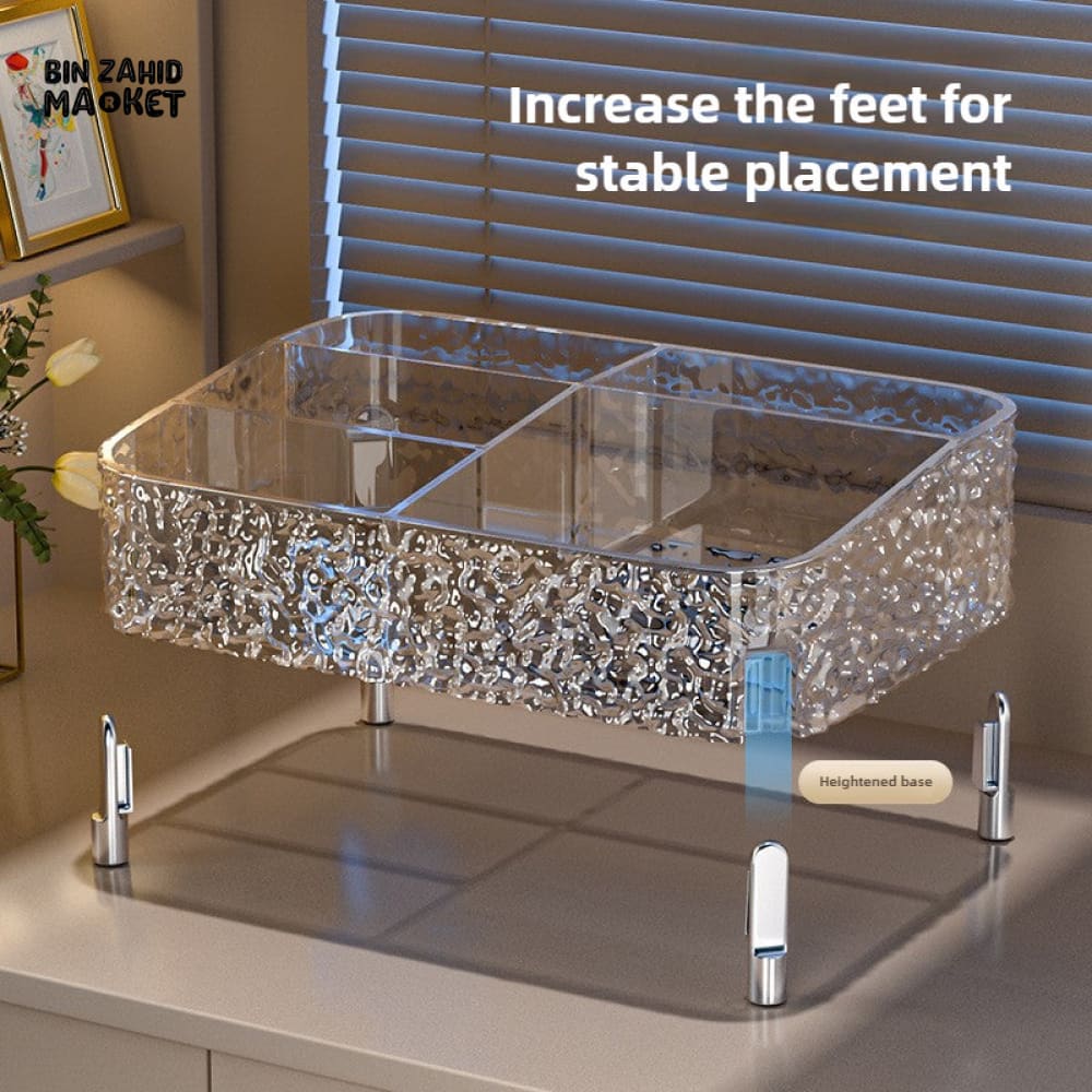 VANITY DESKTOP MAKEUP ORGANIZER – DIVIDED COSMETIC BOX SHELF CLEAR LIPSTICK & BRUSH COMPARTMENTS