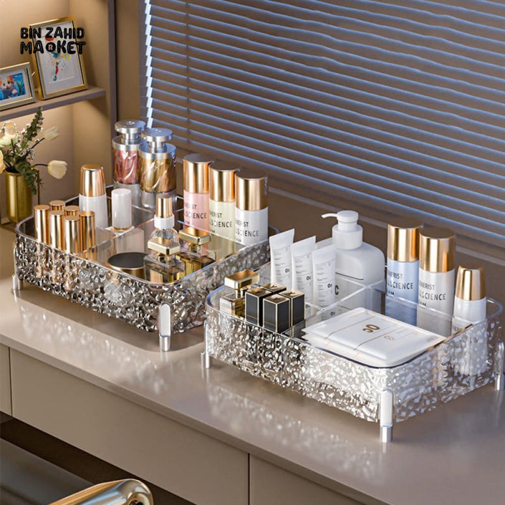 VANITY DESKTOP MAKEUP ORGANIZER – DIVIDED COSMETIC BOX SHELF CLEAR LIPSTICK & BRUSH COMPARTMENTS