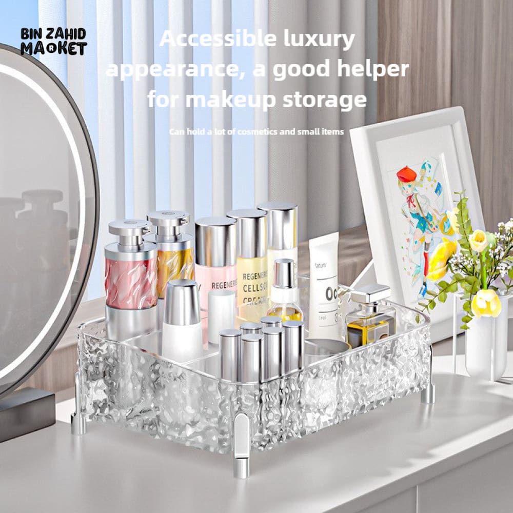 VANITY DESKTOP MAKEUP ORGANIZER – DIVIDED COSMETIC BOX SHELF CLEAR LIPSTICK & BRUSH COMPARTMENTS