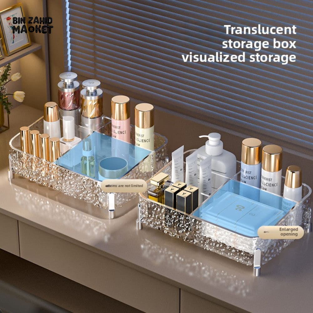 VANITY DESKTOP MAKEUP ORGANIZER – DIVIDED COSMETIC BOX SHELF CLEAR LIPSTICK & BRUSH COMPARTMENTS