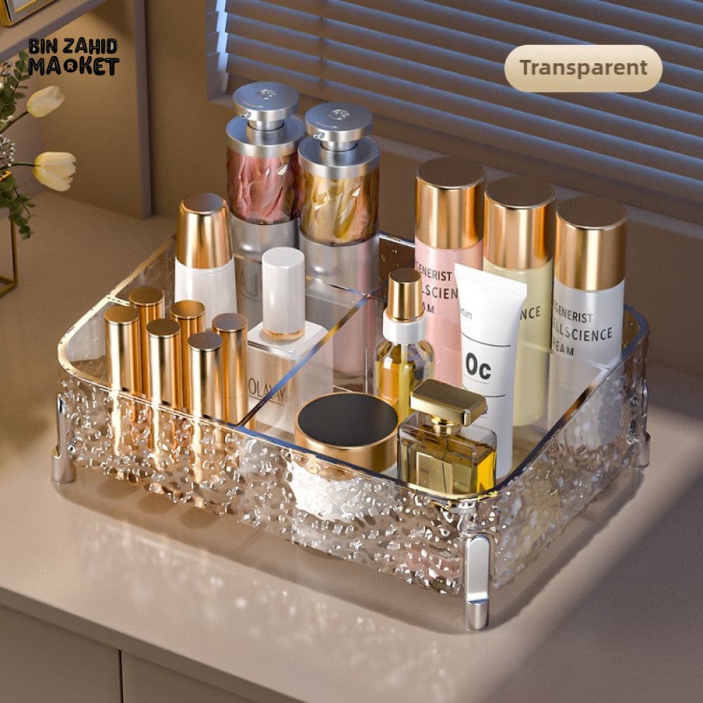 VANITY DESKTOP MAKEUP ORGANIZER – DIVIDED COSMETIC BOX SHELF CLEAR LIPSTICK & BRUSH COMPARTMENTS