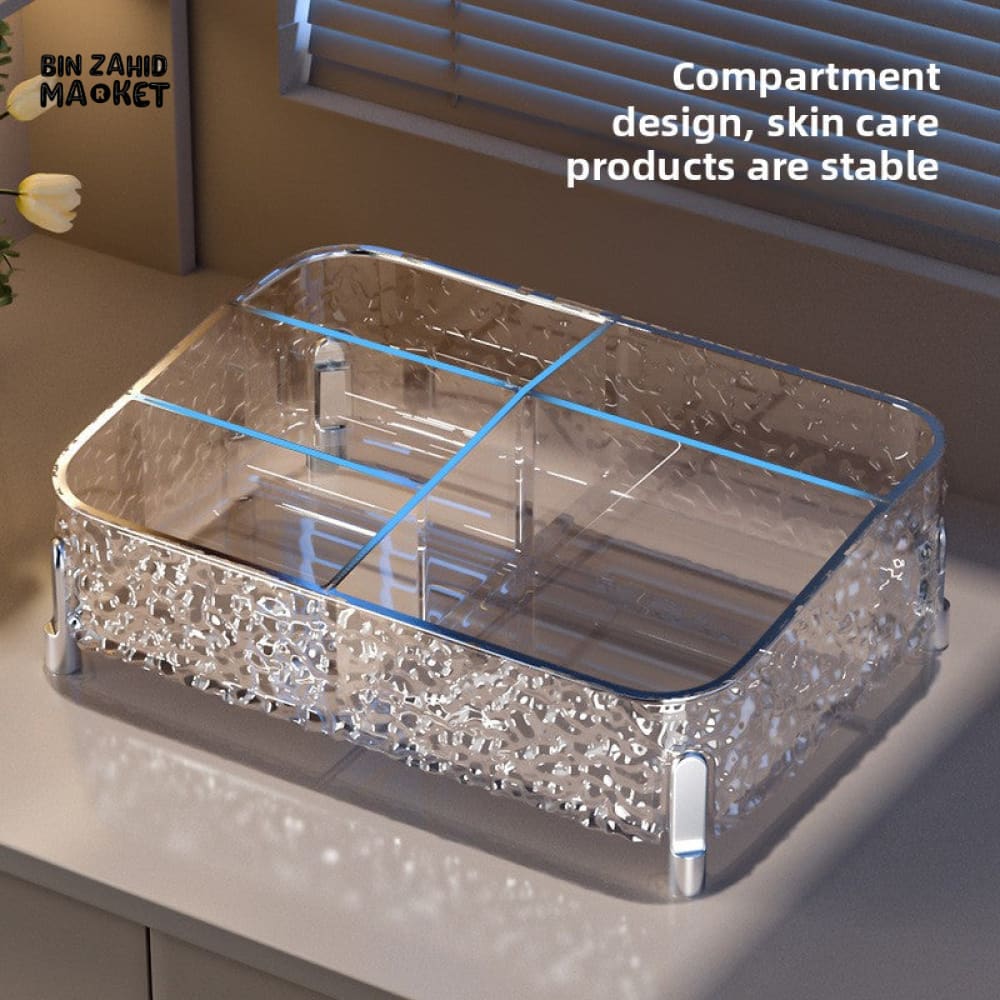 VANITY DESKTOP MAKEUP ORGANIZER – DIVIDED COSMETIC BOX SHELF CLEAR LIPSTICK & BRUSH COMPARTMENTS