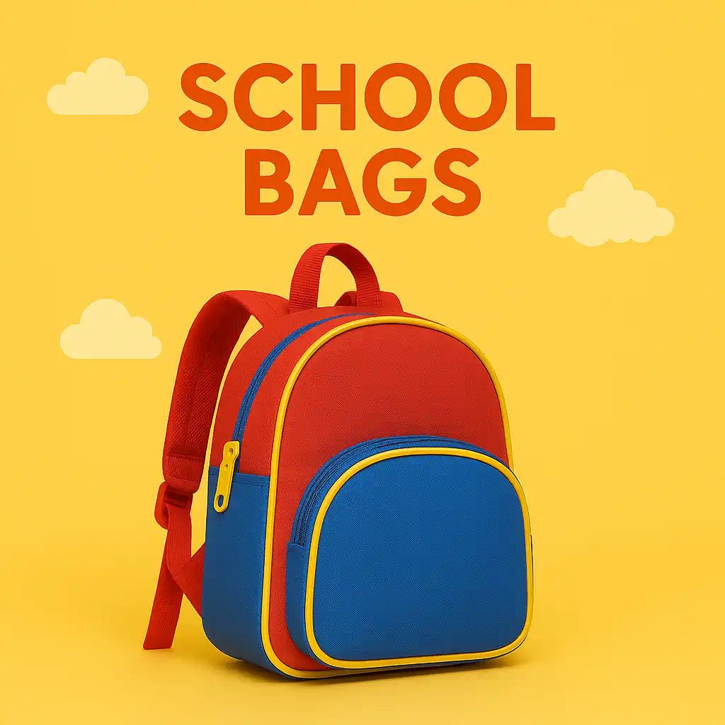 A vibrant red and blue school backpack with yellow accents.
