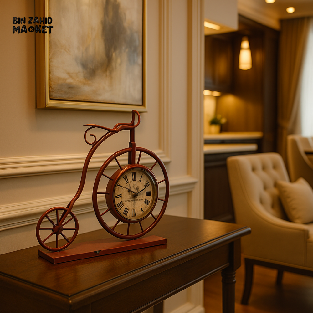 VINTAGE BICYCLE SHAPED TABLE CLOCK – ANTIQUE RED METAL DESIGN