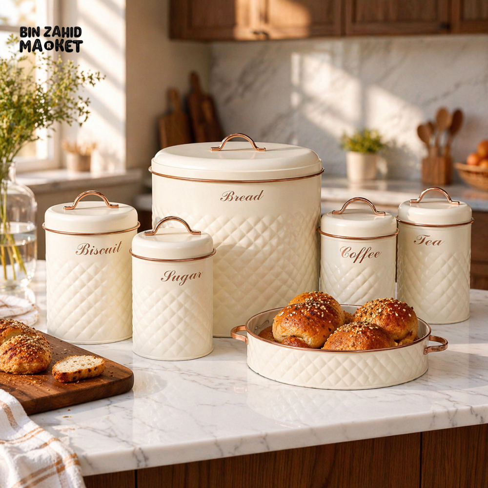 VINTAGE CREAM BREAD BIN & KITCHEN STORAGE CANISTER SET WITH ROSE GOLD HANDLES (TEA COFFEE SUGAR BISCUIT)