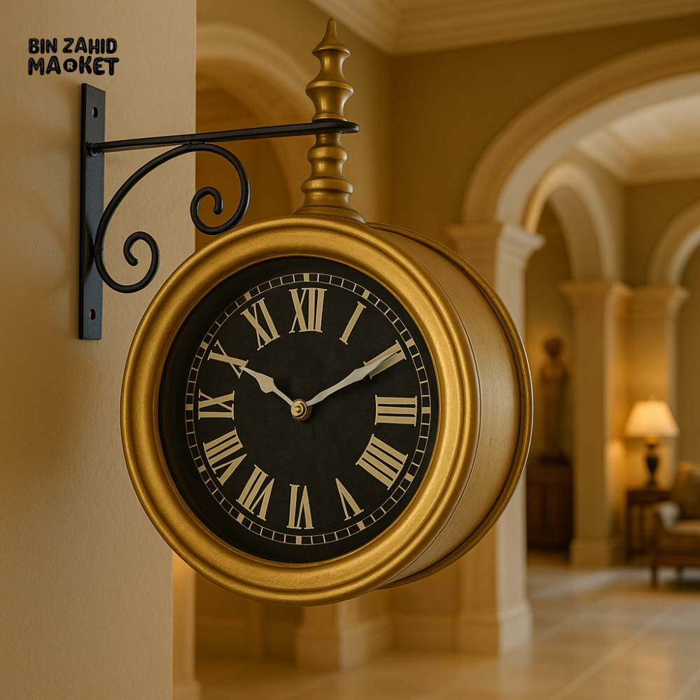 VINTAGE DOUBLE-SIDED WALL CLOCK – ANTIQUE GOLD WITH ROMAN NUMERALS