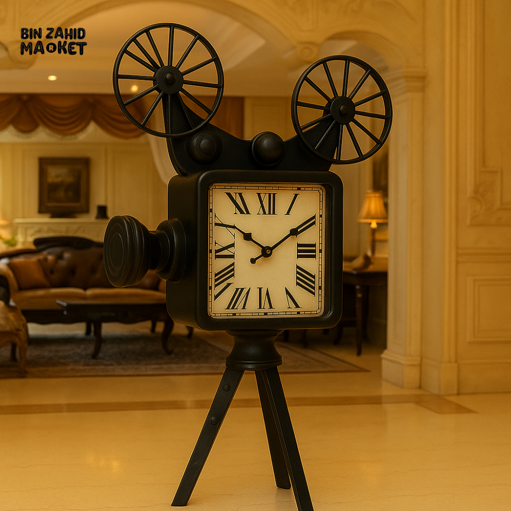 VINTAGE FILM CAMERA STYLE CLOCK – ANTIQUE BLACK TRIPOD DESIGN FOR HOME DECOR