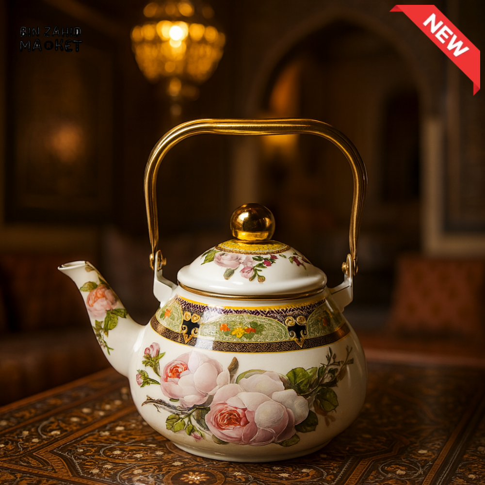 VINTAGE FLORAL ENAMEL KETTLE – WHITE TEAPOT WITH GOLD KNOB - 2 LITRE