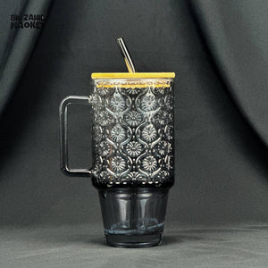 VINTAGE GLASS CUP 600ML WITH BAMBOO LID & STRAW - EMBOSSED BLACK
