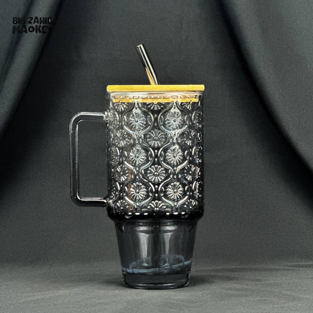 VINTAGE GLASS CUP 600ML WITH BAMBOO LID & STRAW - EMBOSSED BLACK