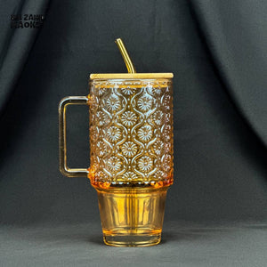 VINTAGE GLASS CUP 600ML WITH BAMBOO LID & STRAW - EMBOSSED GOLDEN