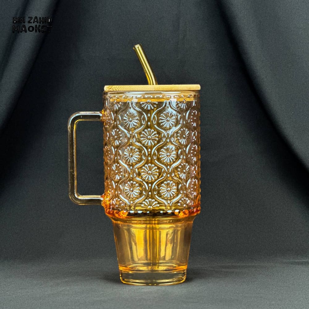 VINTAGE GLASS CUP 600ML WITH BAMBOO LID & STRAW - EMBOSSED GOLDEN