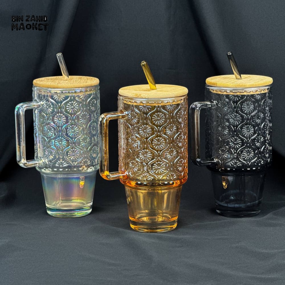 VINTAGE GLASS CUP 600ML WITH BAMBOO LID & STRAW - EMBOSSED WHITE