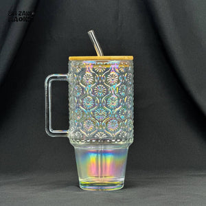 VINTAGE GLASS CUP 600ML WITH BAMBOO LID & STRAW - EMBOSSED WHITE