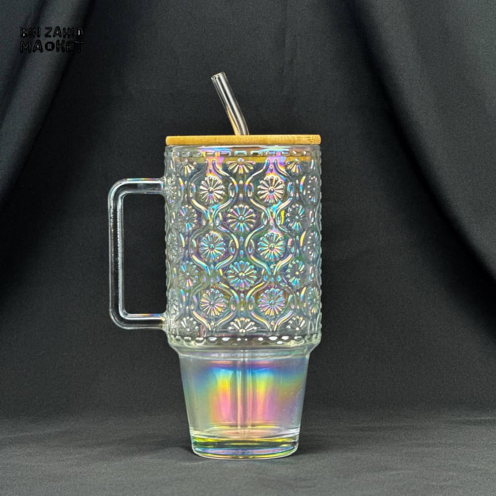 VINTAGE GLASS CUP 600ML WITH BAMBOO LID & STRAW - EMBOSSED WHITE