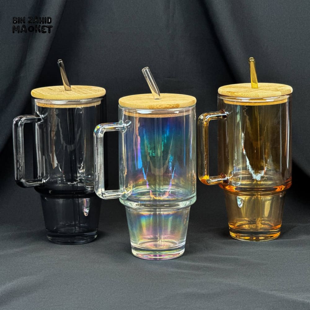 VINTAGE GLASS CUP 600ML WITH BAMBOO LID & STRAW - PLAIN BLACK