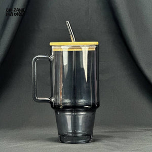 VINTAGE GLASS CUP 600ML WITH BAMBOO LID & STRAW - PLAIN BLACK