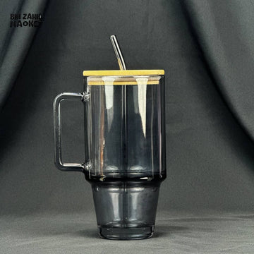 VINTAGE GLASS CUP 600ML WITH BAMBOO LID & STRAW - PLAIN BLACK