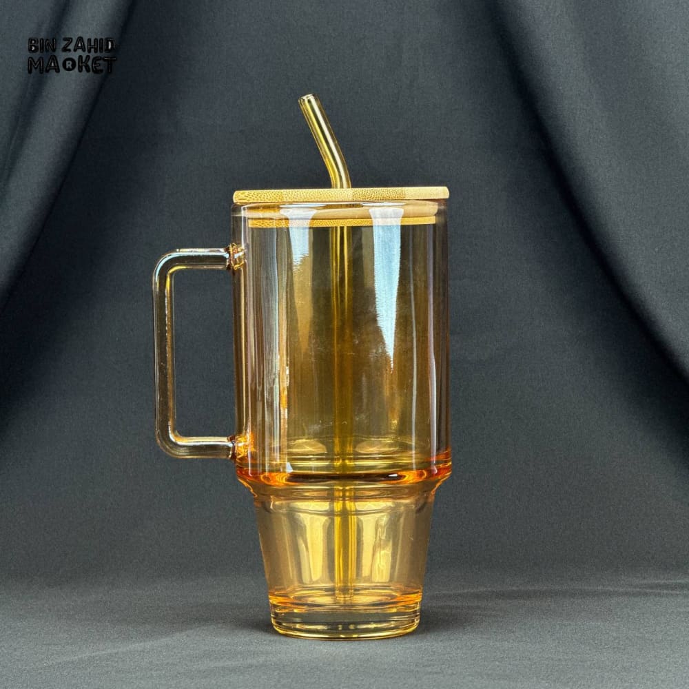 VINTAGE GLASS CUP 600ML WITH BAMBOO LID & STRAW - PLAIN GOLDEN