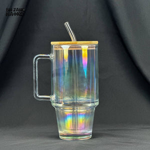 VINTAGE GLASS CUP 600ML WITH BAMBOO LID & STRAW - PLAIN WHITE