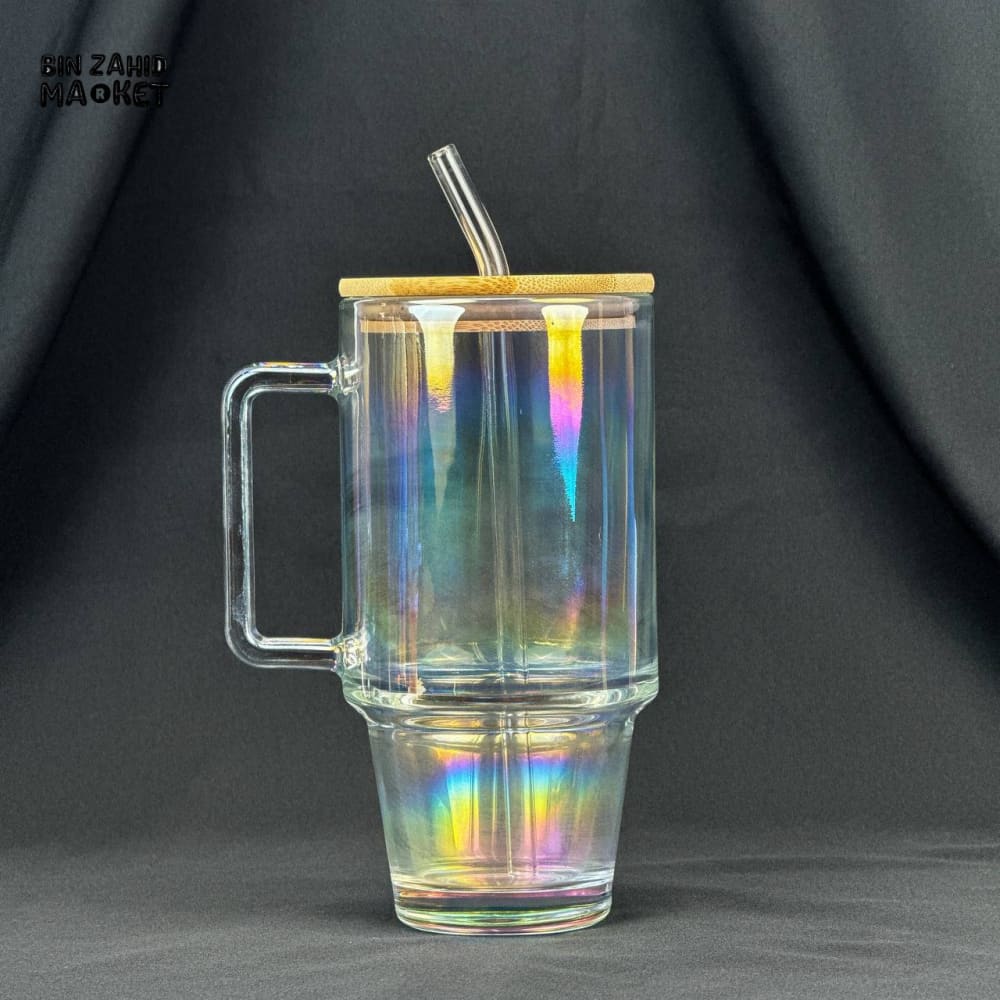 VINTAGE GLASS CUP 600ML WITH BAMBOO LID & STRAW - PLAIN WHITE