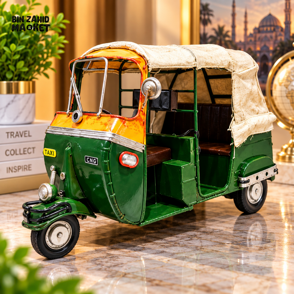 VINTAGE GREEN & ORANGE AUTO RICKSHAW METAL TABLETOP DECORATIVE ORNAMENT
