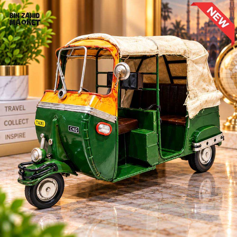 VINTAGE GREEN & ORANGE AUTO RICKSHAW METAL TABLETOP DECORATIVE ORNAMENT