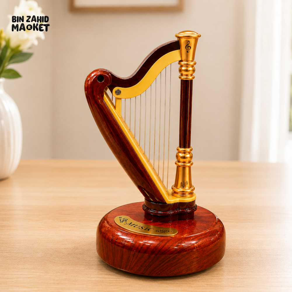 VINTAGE HARP MUSIC BOX WITH WOODEN BASE