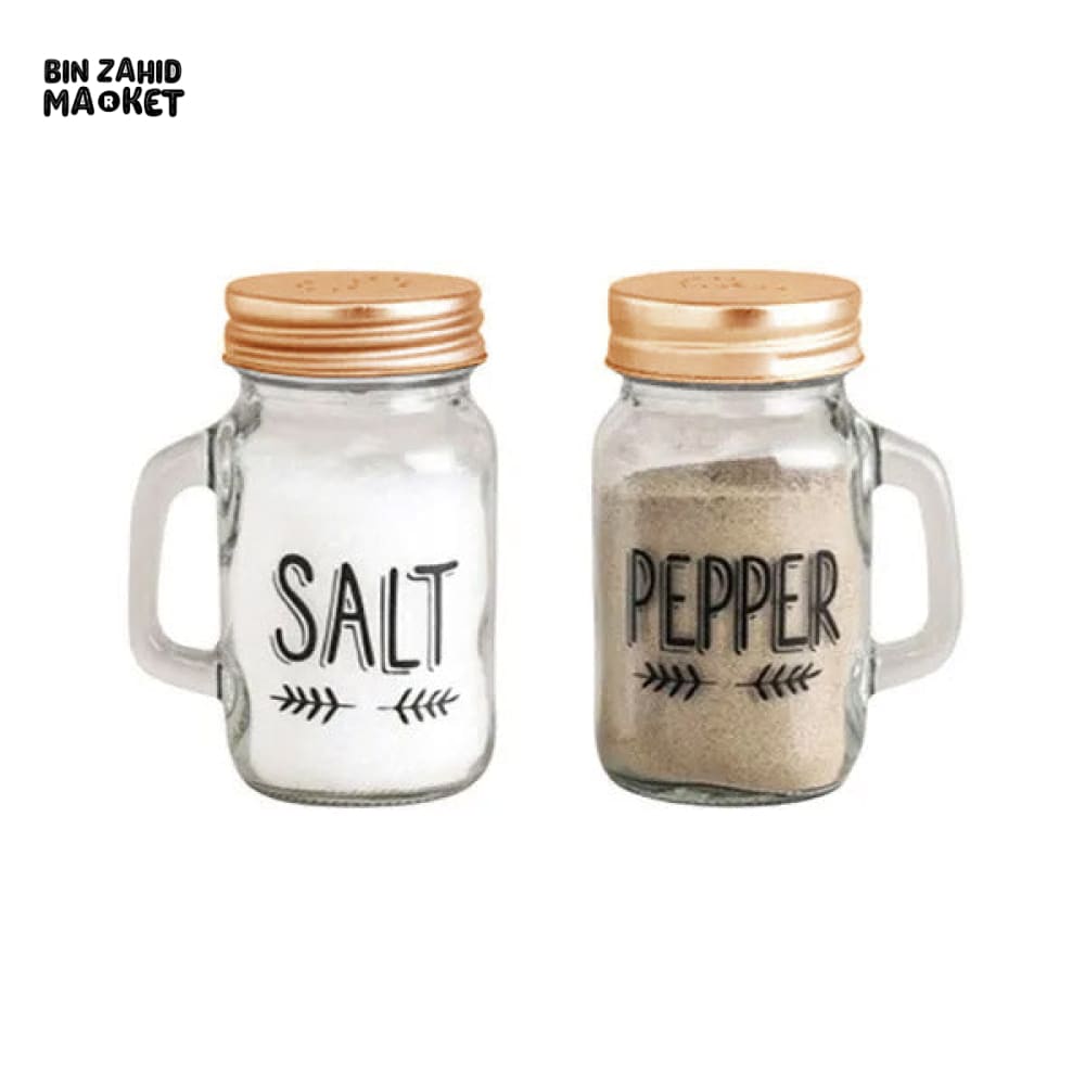 VINTAGE MASON JAR SALT & PEPPER SHAKER SET – COPPER LID GLASS DESIGN - 1900-11B