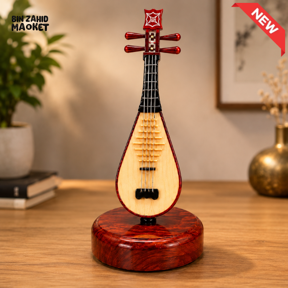VINTAGE MINIATURE PIPA MUSICAL INSTRUMENT ORNAMENT WITH WOODEN BASE