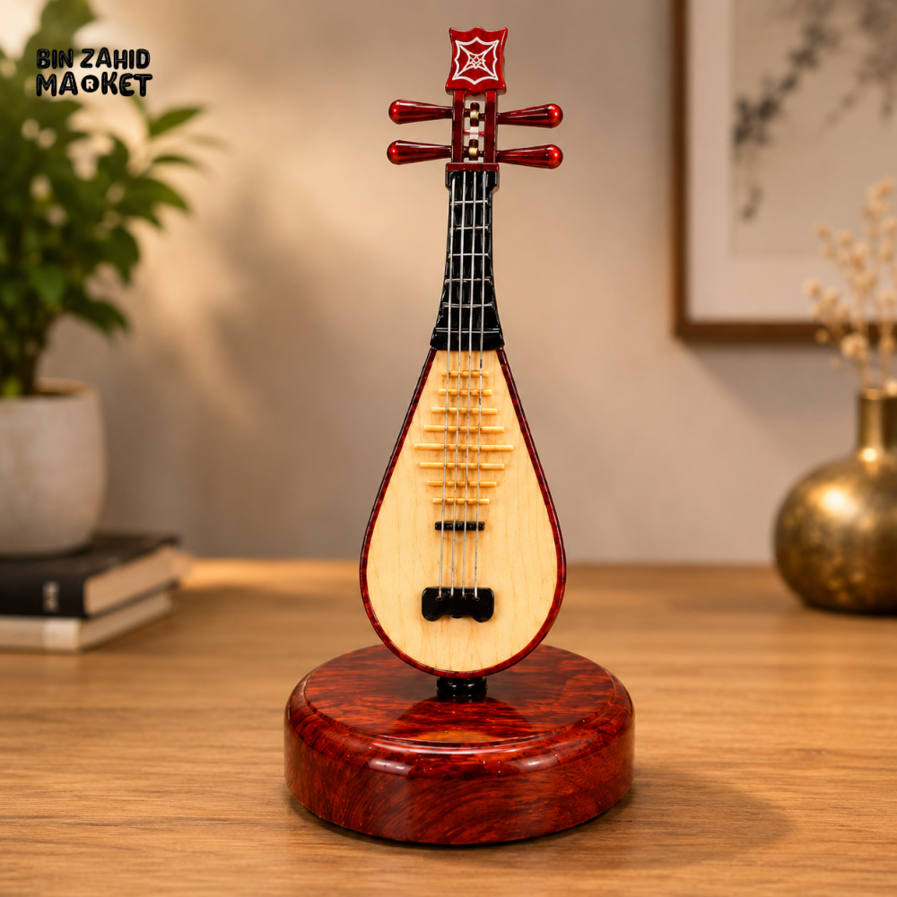 VINTAGE MINIATURE PIPA MUSICAL INSTRUMENT ORNAMENT WITH WOODEN BASE