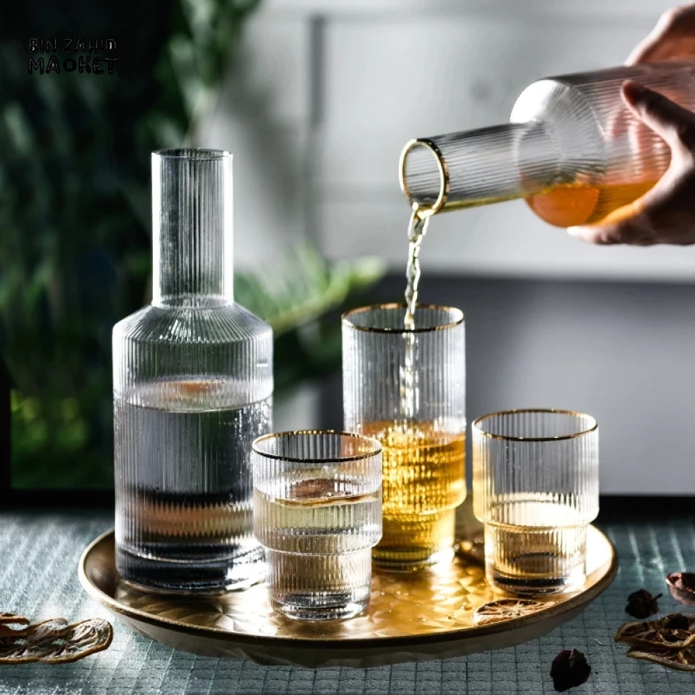 VINTAGE OPTIC GLASS DECANTER SET ELEGANT 5-PIECE BEVERAGE SERVING SET