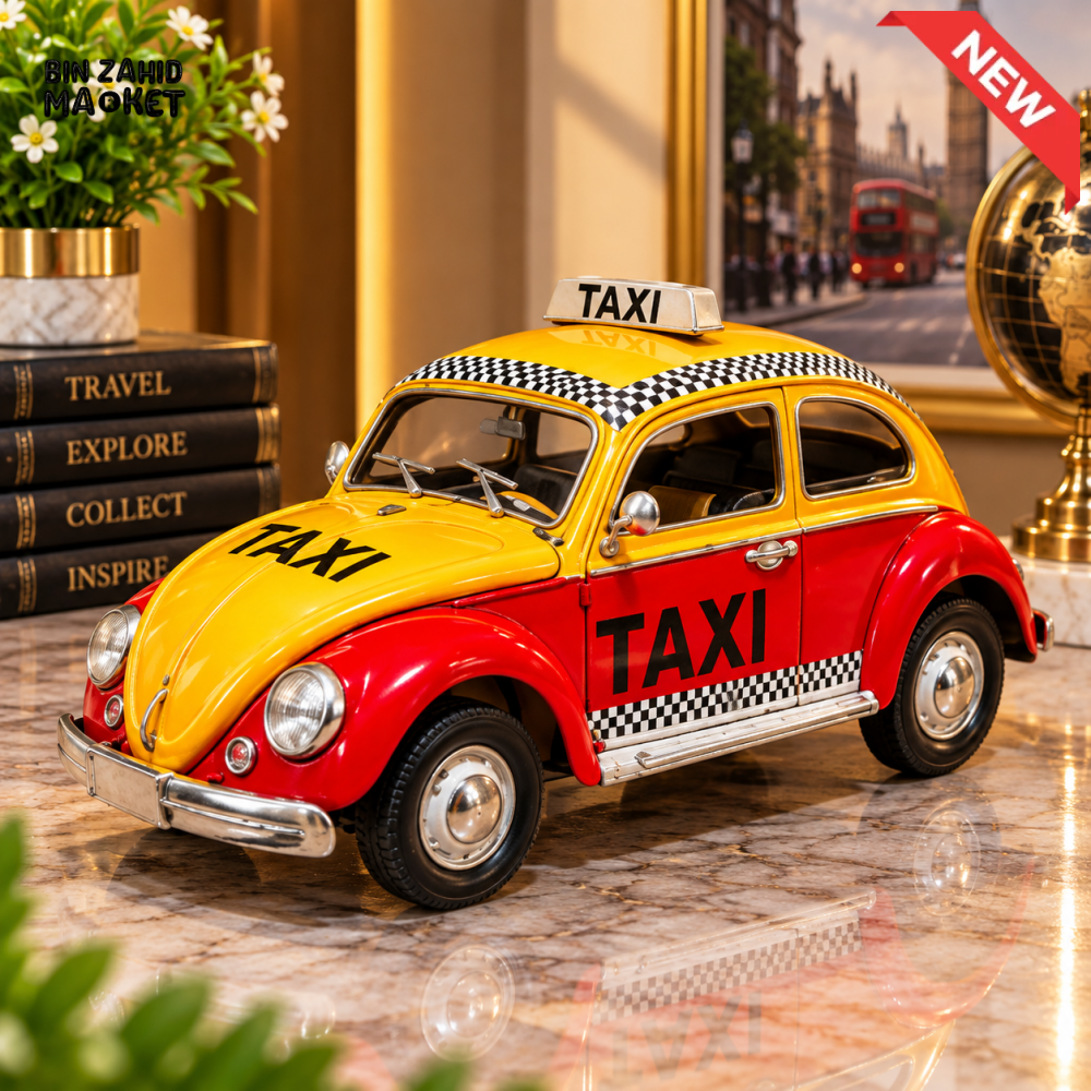 VINTAGE RED & YELLOW TAXI CAR METAL TABLETOP DECORATIVE ORNAMENT