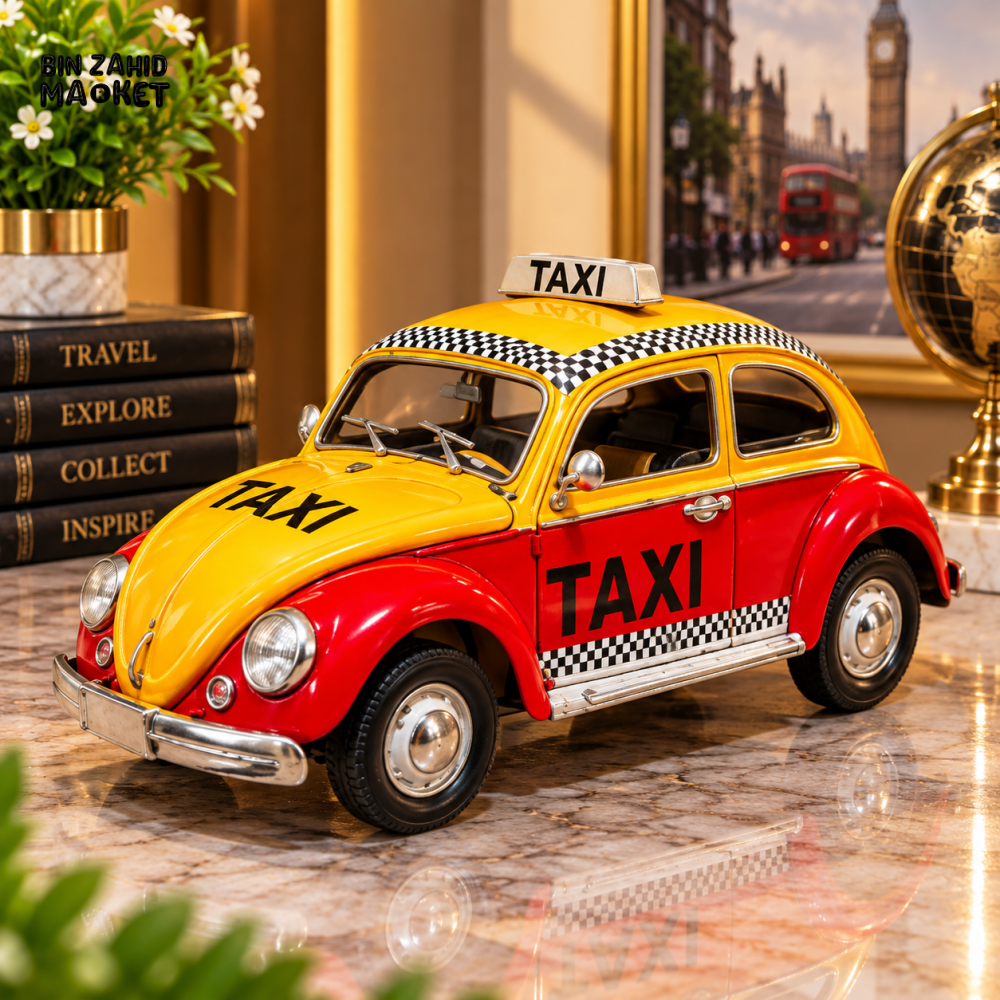 VINTAGE RED & YELLOW TAXI CAR METAL TABLETOP DECORATIVE ORNAMENT