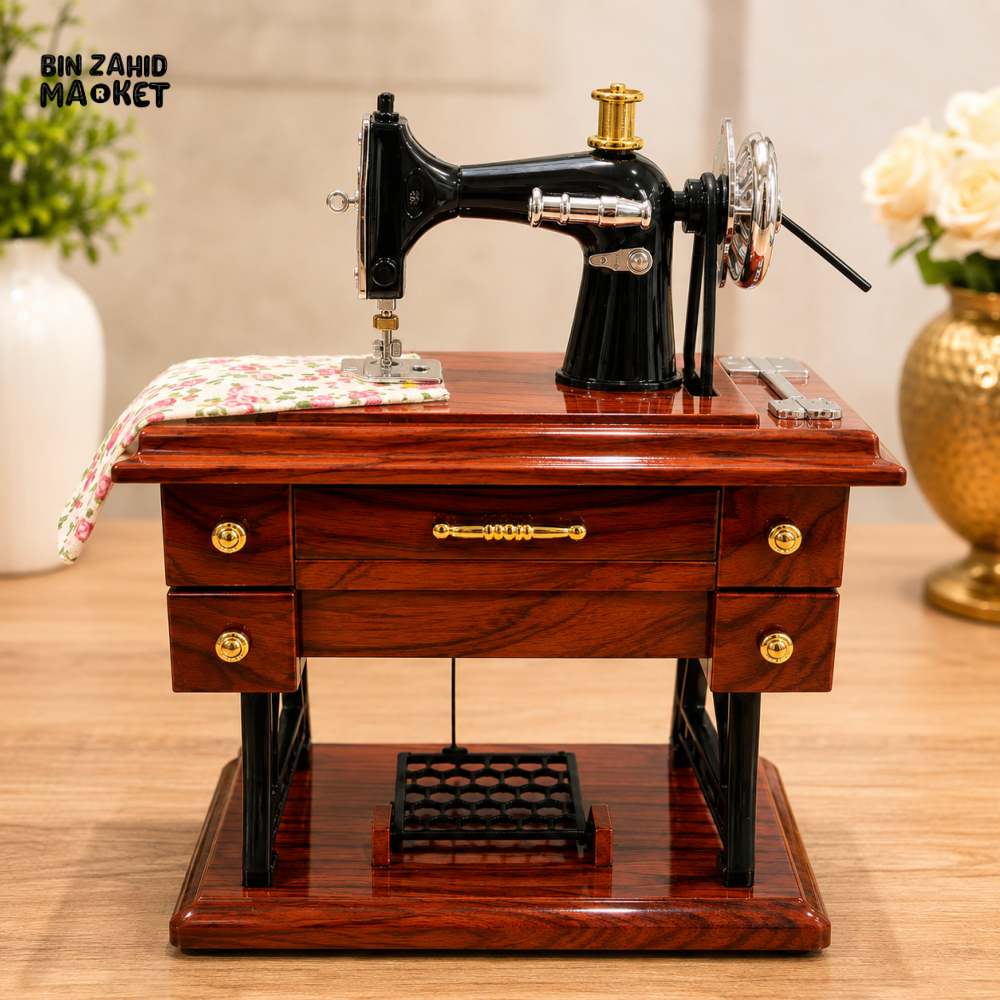VINTAGE SEWING MACHINE MUSIC BOX WITH WOODEN TABLE DESIGN