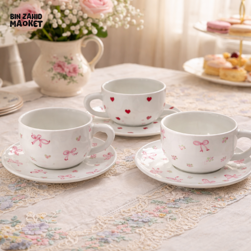 VINTAGE STYLE FLORAL TEACUPS WITH MATCHING SAUCERS