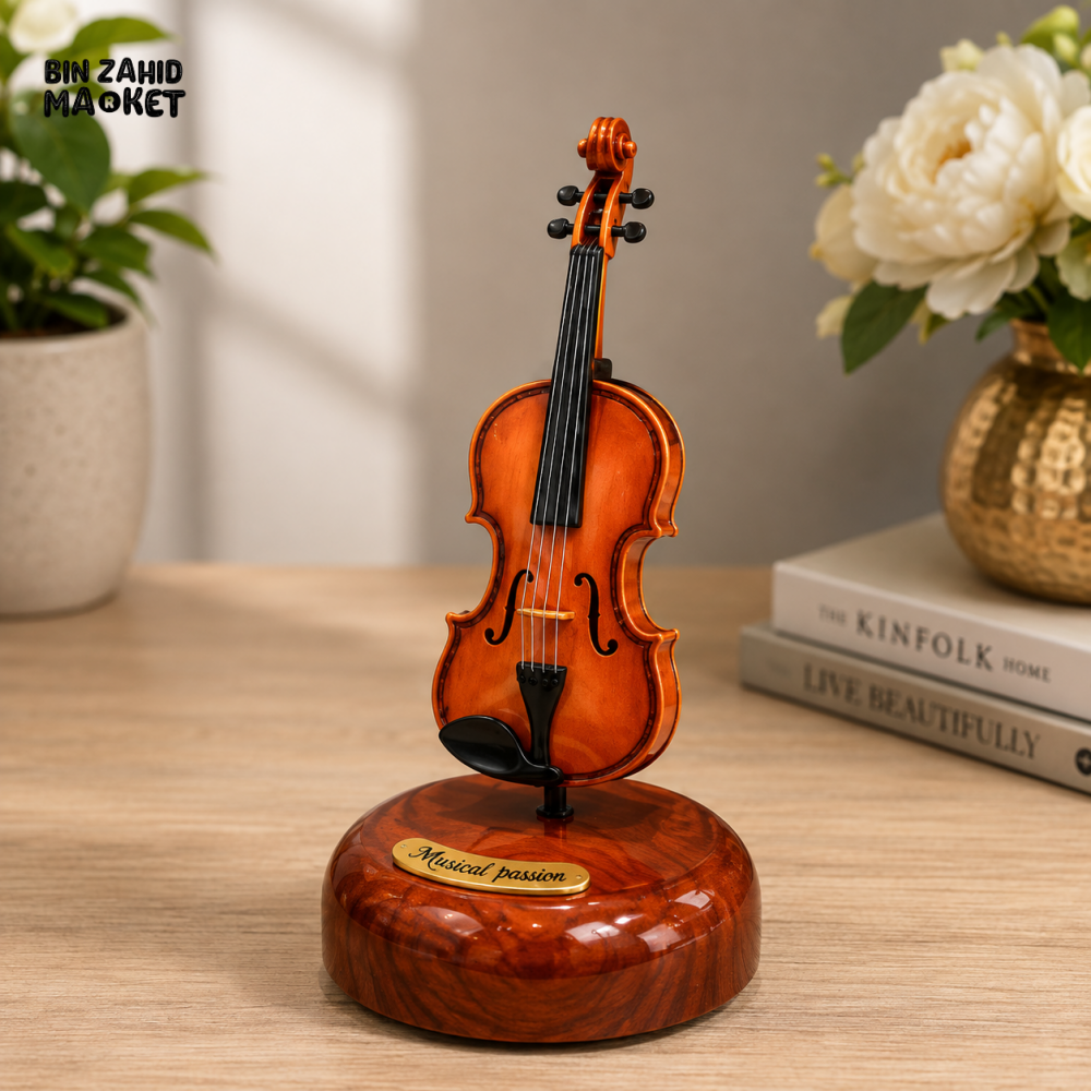 VINTAGE VIOLIN MUSIC BOX WITH WOODEN BASE
