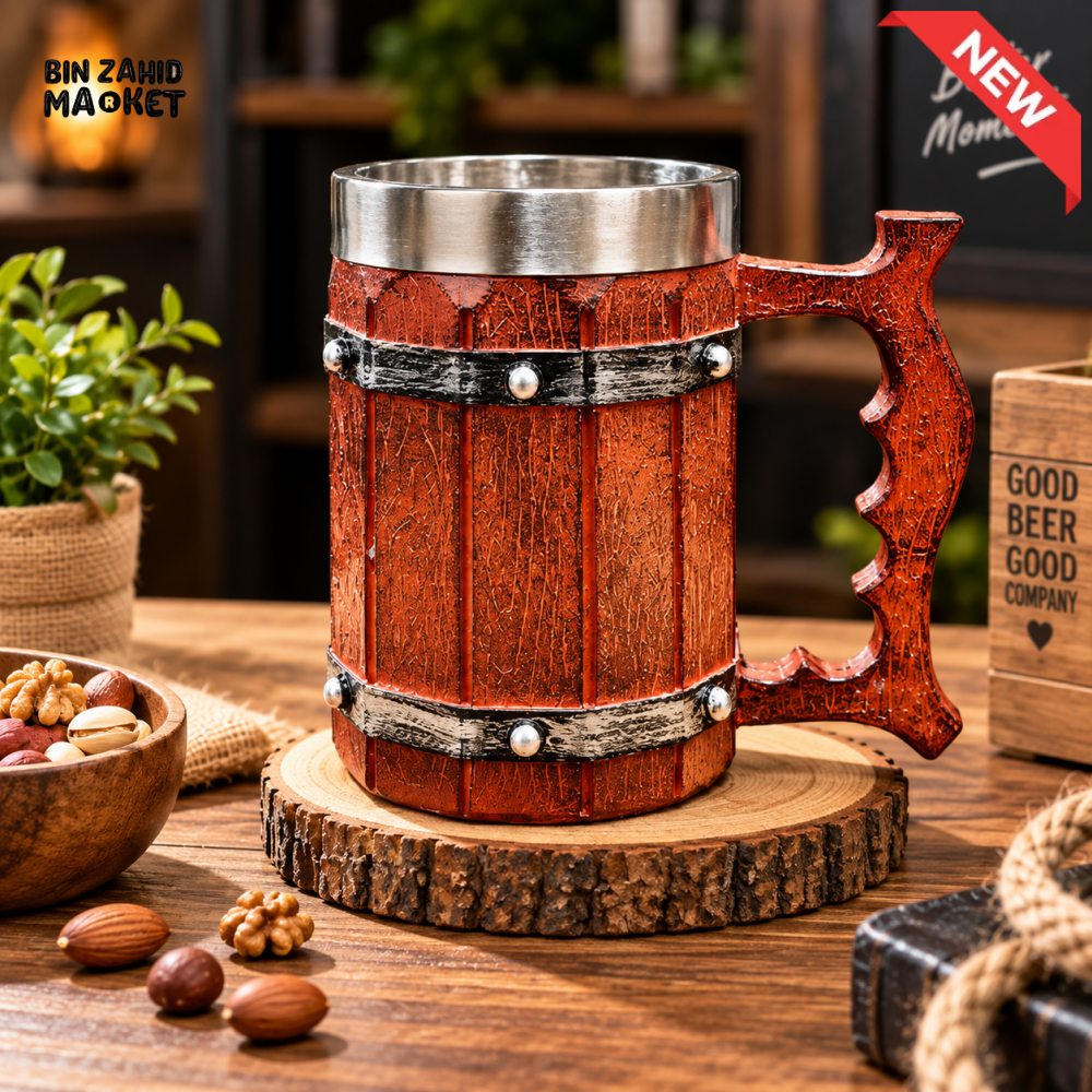 VINTAGE WOODEN BARREL-STYLE STAINLESS STEEL COFFEE MUG WITH SCULPTED HANDLE