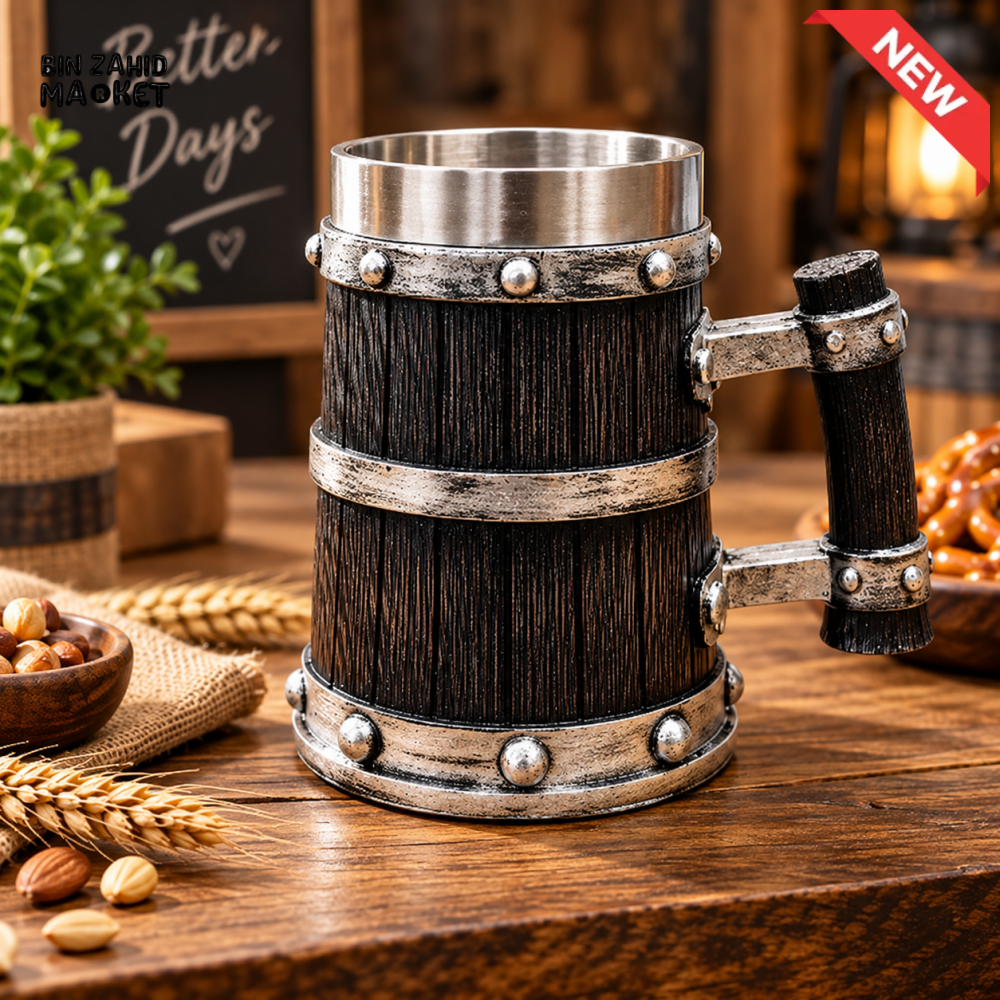 VINTAGE WOODEN BARREL-STYLE STAINLESS STEEL MUG WITH RUSTIC HANDLE