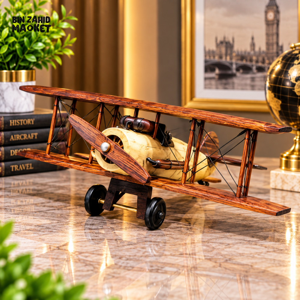 VINTAGE WOODEN BIPLANE AIRCRAFT TABLETOP DECORATIVE ORNAMENT