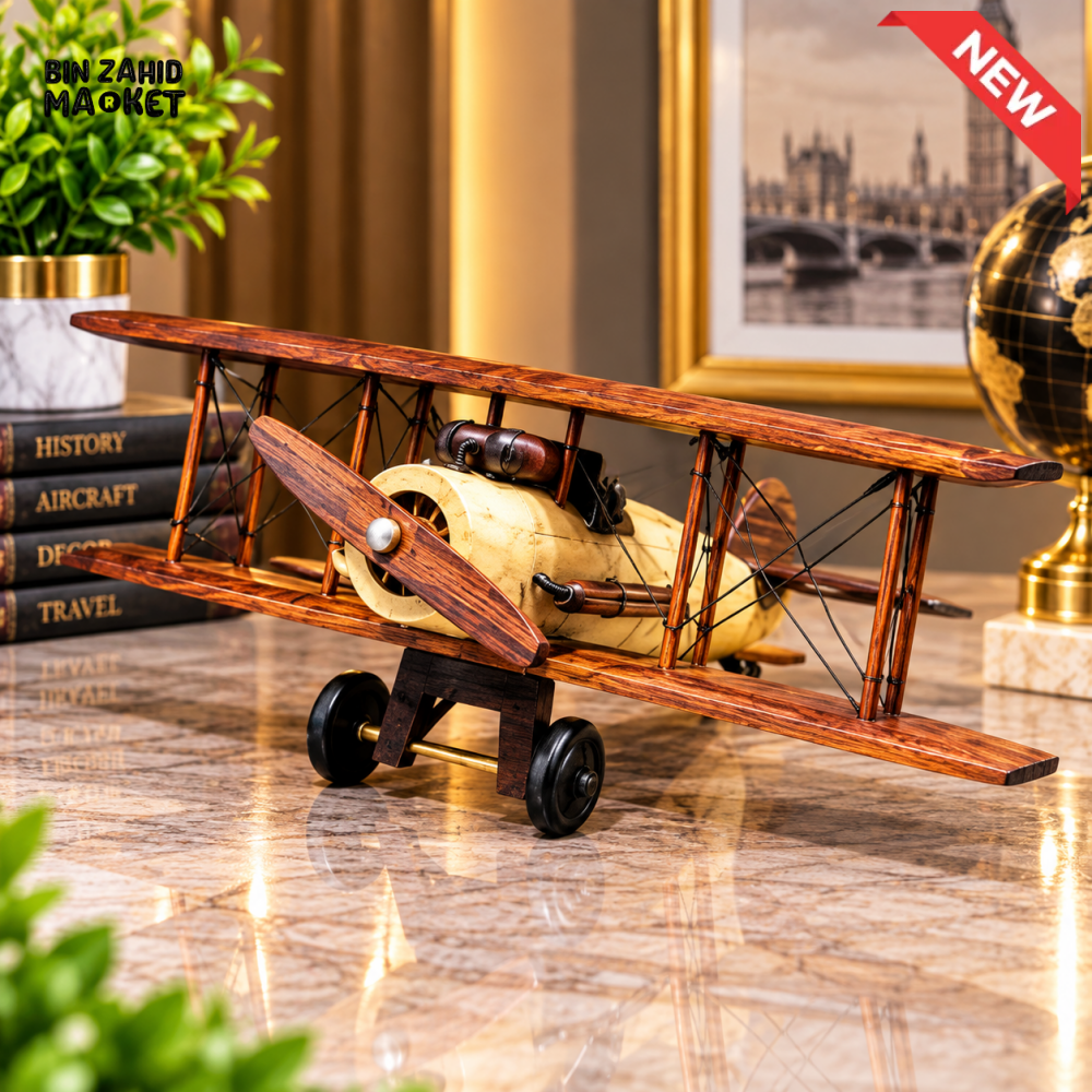 VINTAGE WOODEN BIPLANE AIRCRAFT TABLETOP DECORATIVE ORNAMENT